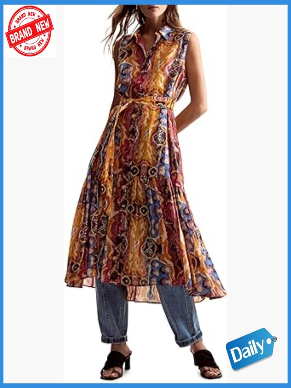 Sleeveless Midi Dress with Chevron Pattern and Button Closure
